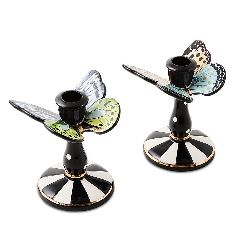 Mackenzie-childs Butterfly Toile Tall Butterfly Candlesticks, Set Of 2 In Black