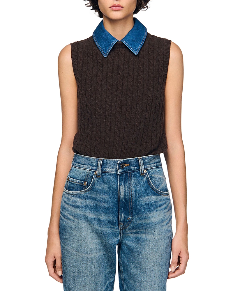 Sandro Avignon Denim Collar Cable Knit Sweater In Black