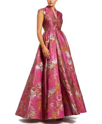 Metallic Jacquard Ball Gown with Notched Collar