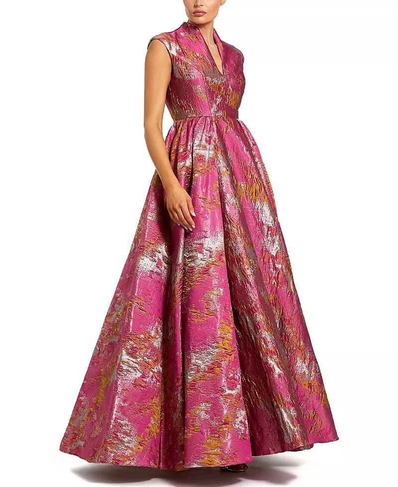 Mac Duggal Metallic Jacquard Ball Gown with Notched Collar