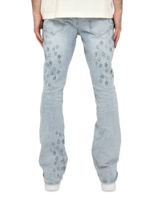 Flare Straight Fit Mono Embossed Jeans in Light Indigo