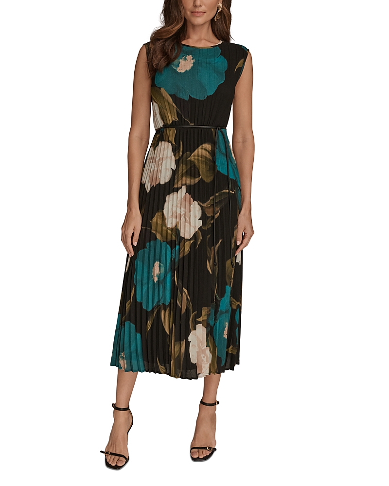 Donna Karan New York Floral Pleated Tie Belt Georgette Cocktail Dress In Multi