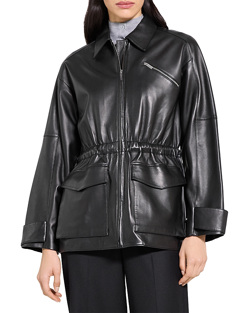 Theory Cinched Zip Up Leather Jacket In Black