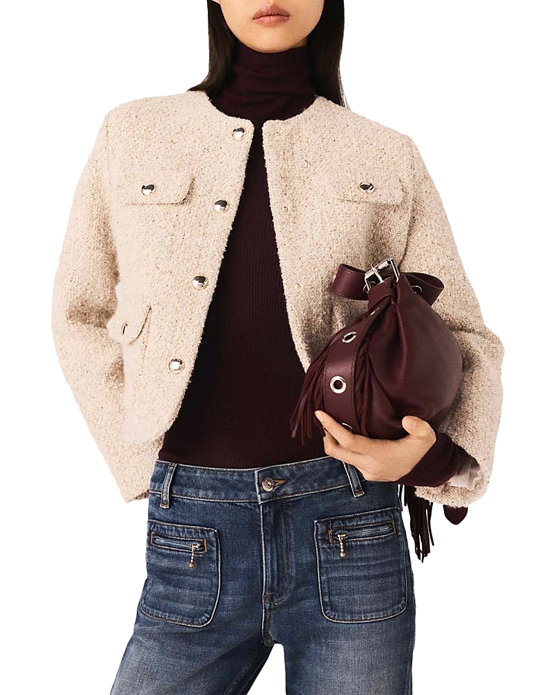 Maje Short Boucle Tweed Jacket In Neutral