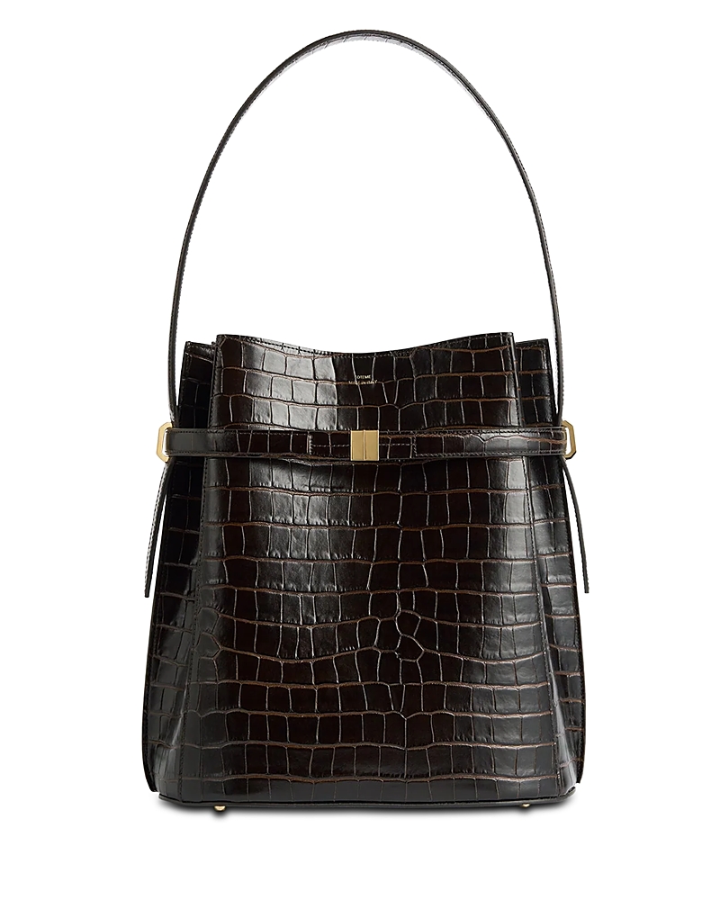 Totême Belted Croc Embossed Bucket Bag In Brown