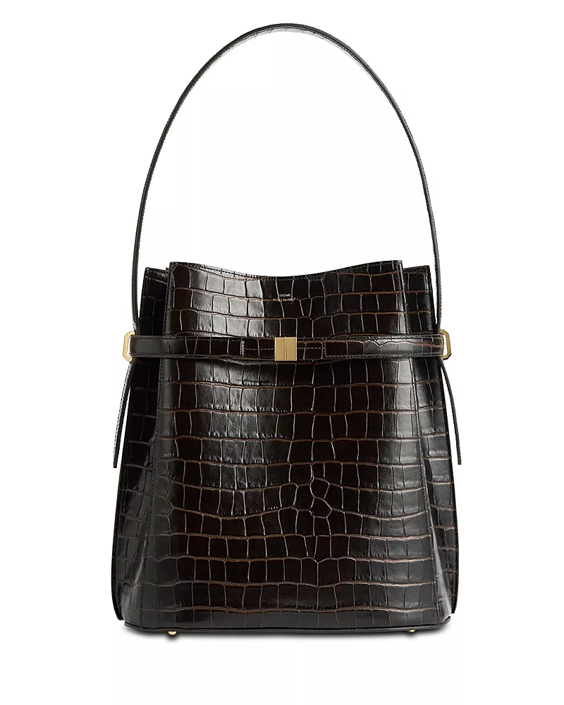Toteme Belted Croc-Embossed Bucket Bag in Dark Brown