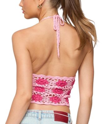  Contrast Floral Crochet Halter Top