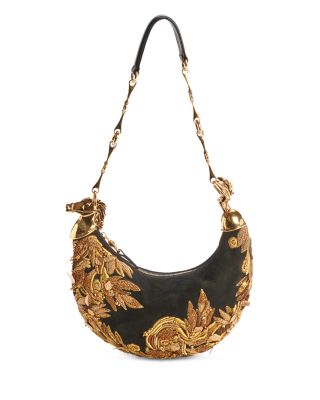 Chain Horse Embroidered Suede Shoulder Bag