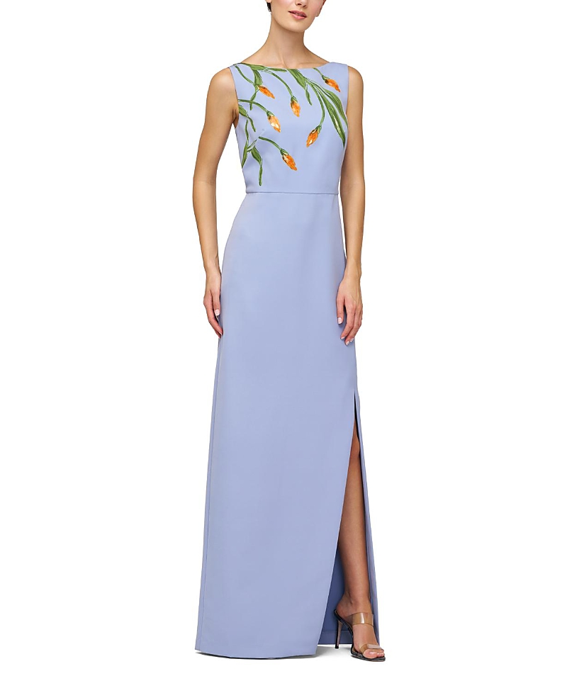 Kay Unger Ira Placed Paillette Floral Column Gown In Blue