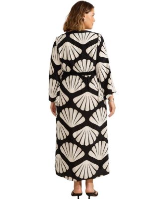  Shell Print Flared Sleeve V-Neck Dress