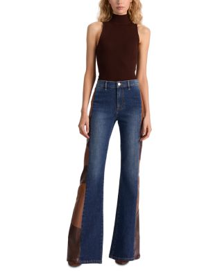 High Rise Faux Leather Patchwork Flare Jeans in Darby Vintage Blue