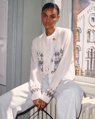 100% Cashmere Fair isle Brush Crewneck Cardigan - Exclusive