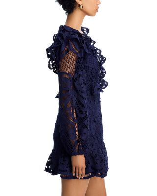 Lace V Neck Long Sleeve Ruffle Mini Dress - Exclusive