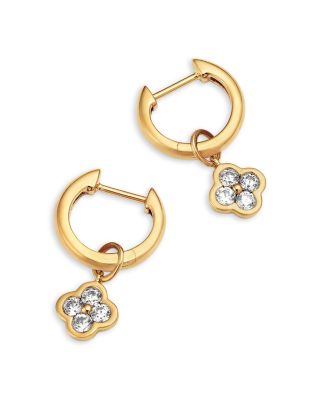 Clover Dangle Huggie Hoop Earrings in 14K Yellow Gold, 0.4 tcw