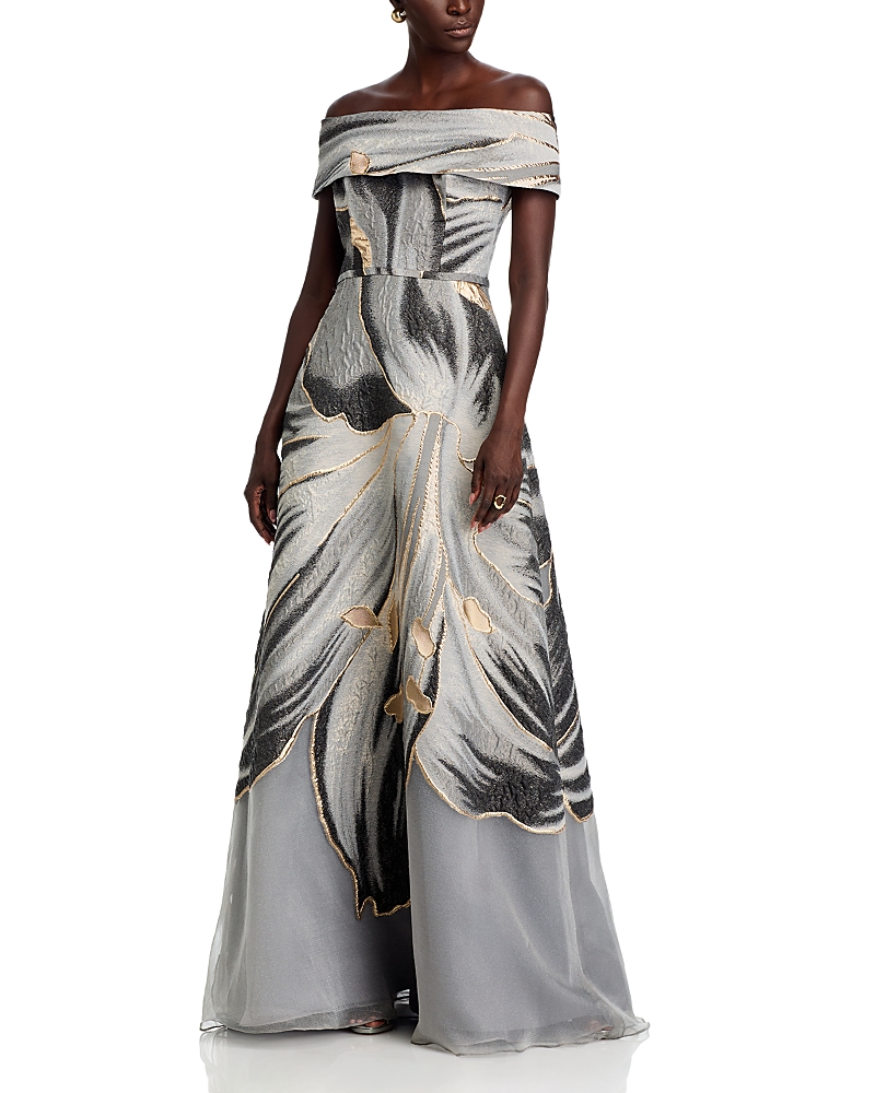 Teri Jon By Rickie Freeman Jacquard Off The Shoulder Gown In Gray