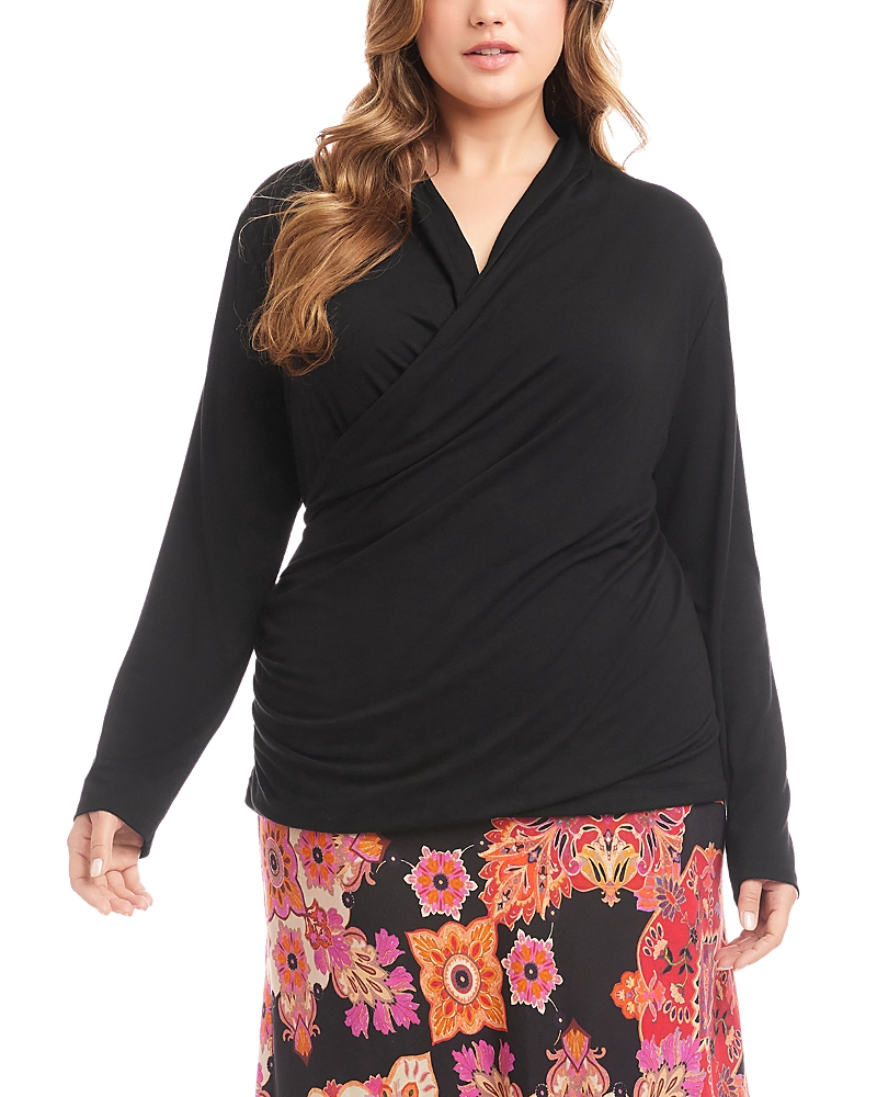 Karen Kane Plus Long Sleeve Crossover Side Shirred Top In Black