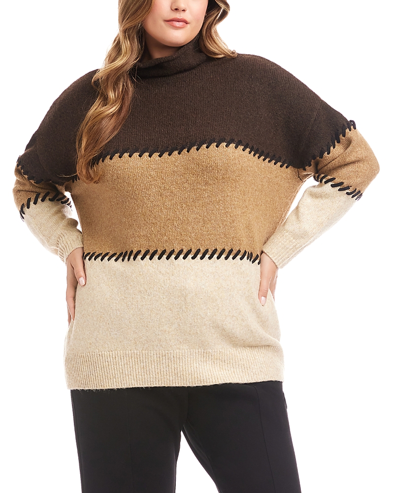 Karen Kane Colorblock Whipstitch Turtleneck Sweater In Brown