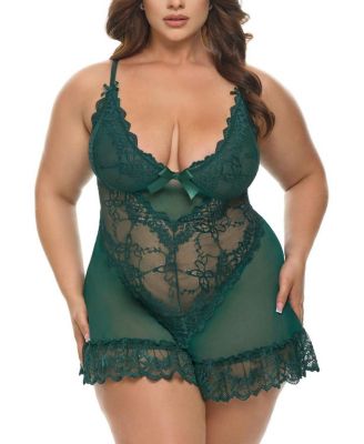 Plus Valentine Soft Cup Lace Babydoll with Bows and G-string Panty