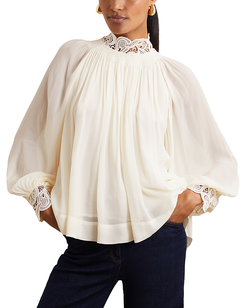 Reiss Cream Lace-trim Draped Chiffon Top In White