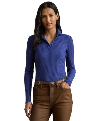 Rib Knit Long Sleeve Polo Top