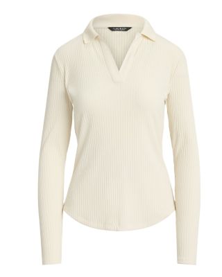 Rib Knit Long Sleeve Polo Top