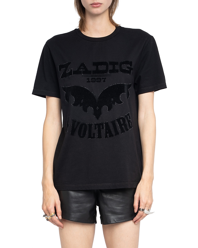 Zadig & Voltaire Edwin Crystal Embellished Flocked Logo T-shirt In Black