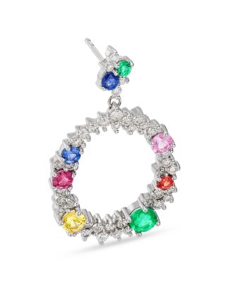 Ruby, Emerald & Rainbow Sapphire Doorknocker Drop Earrings in 14K White Gold