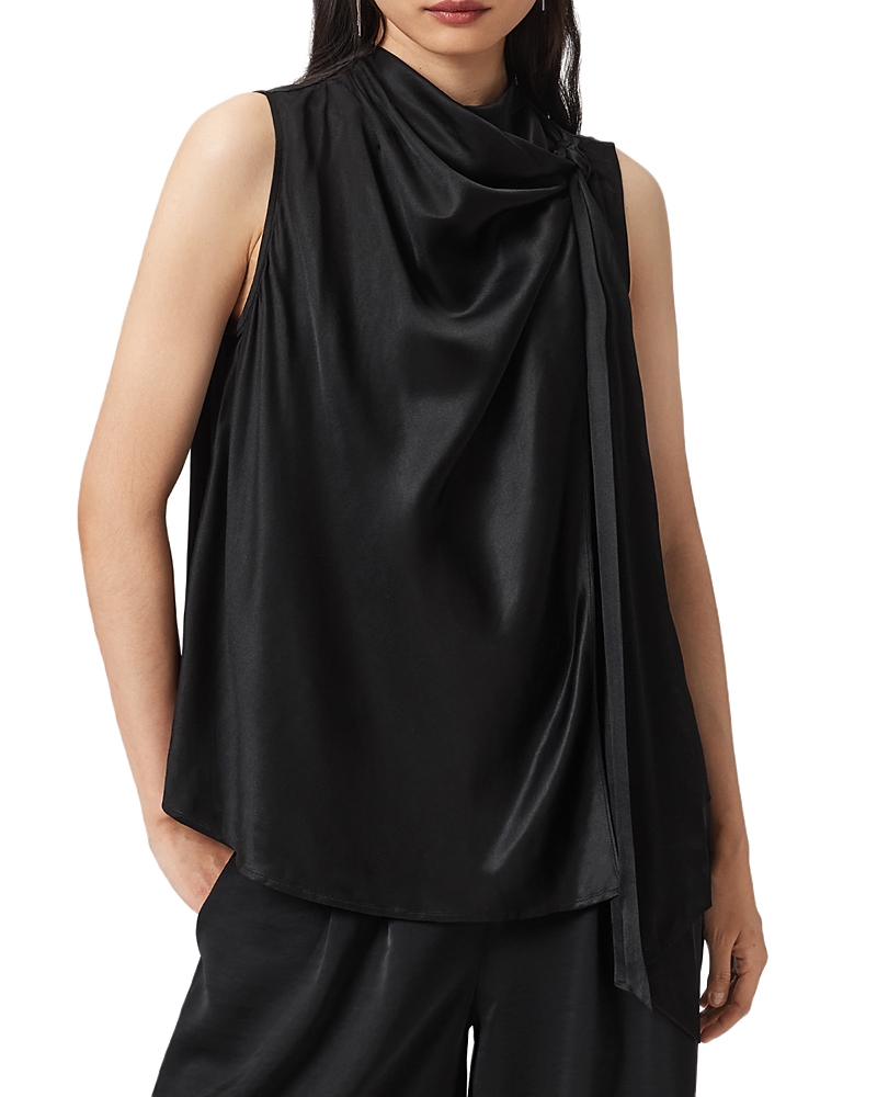 Allsaints Herela Tie Neck Sleeveless Satin Top In Black
