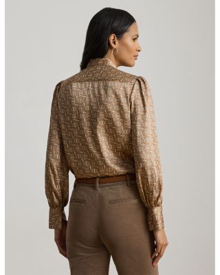 Geo-Print Twill Tie-Neck Blouse