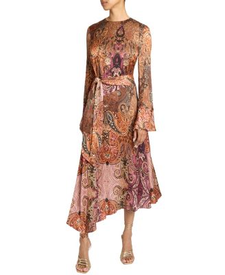 Rachel Long Sleeve Asymmetric Midi Dress in Printed Charmeuse