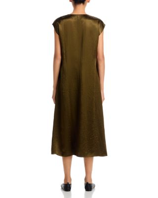 Satin V Neck Cap Sleeve Midi Dress