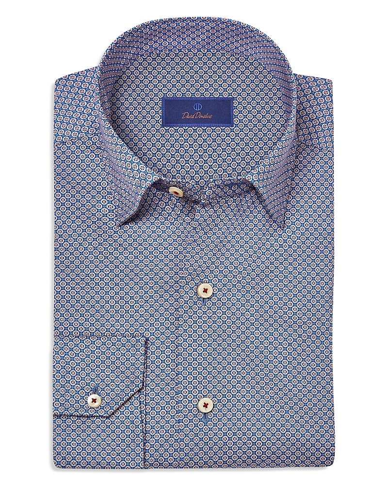 David Donahue Regular Fit Geometric Print Cotton Dobby Dress Shirt In Blue