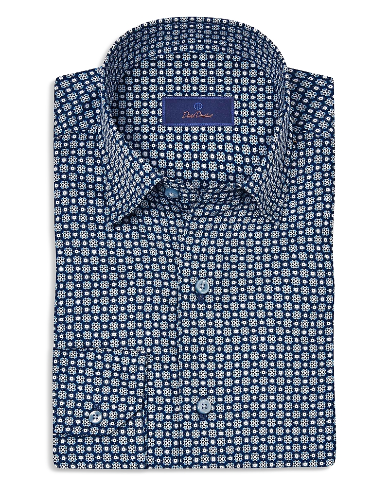 David Donahue Regular Fit Geometric Print Cotton Dobby Dress Shirt In Blue