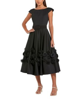 Satin Cap Sleeve A Line Midi Dress With 3D Flowers