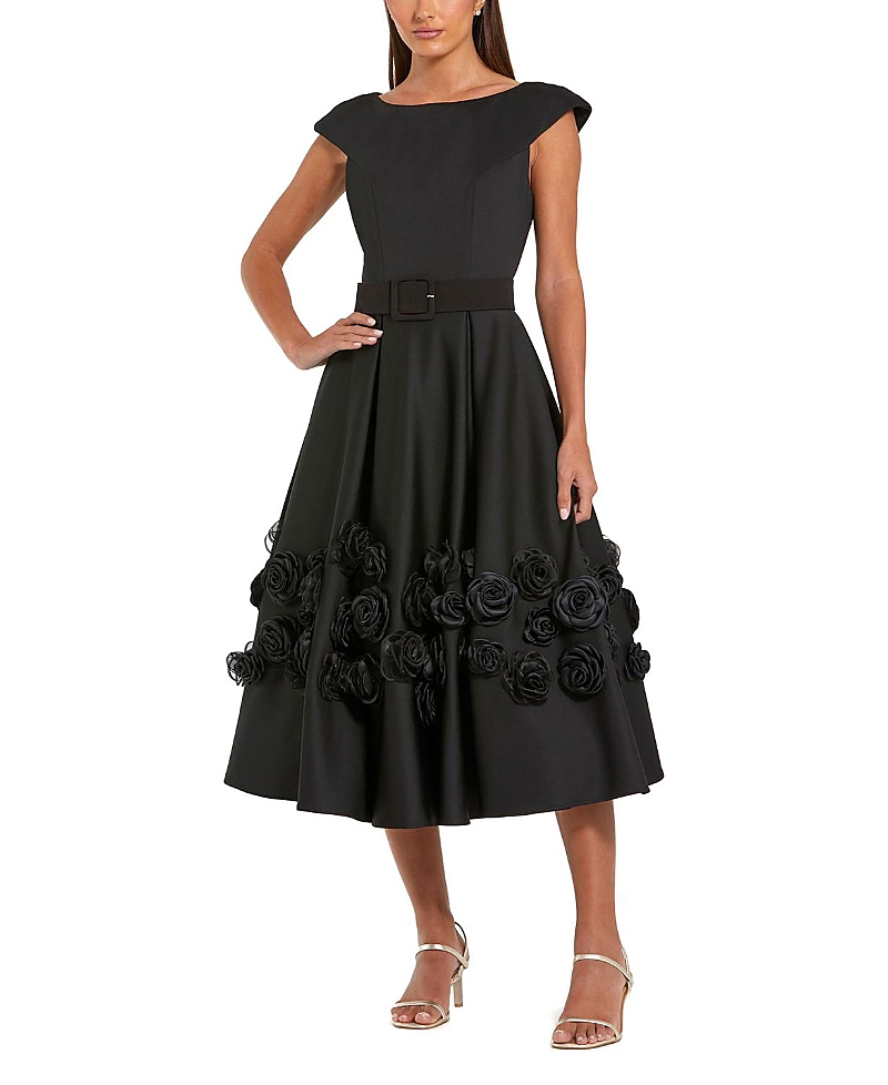 Mac Duggal Satin Cap Sleeve A Line Midi Dress With 3d Flowers In Black