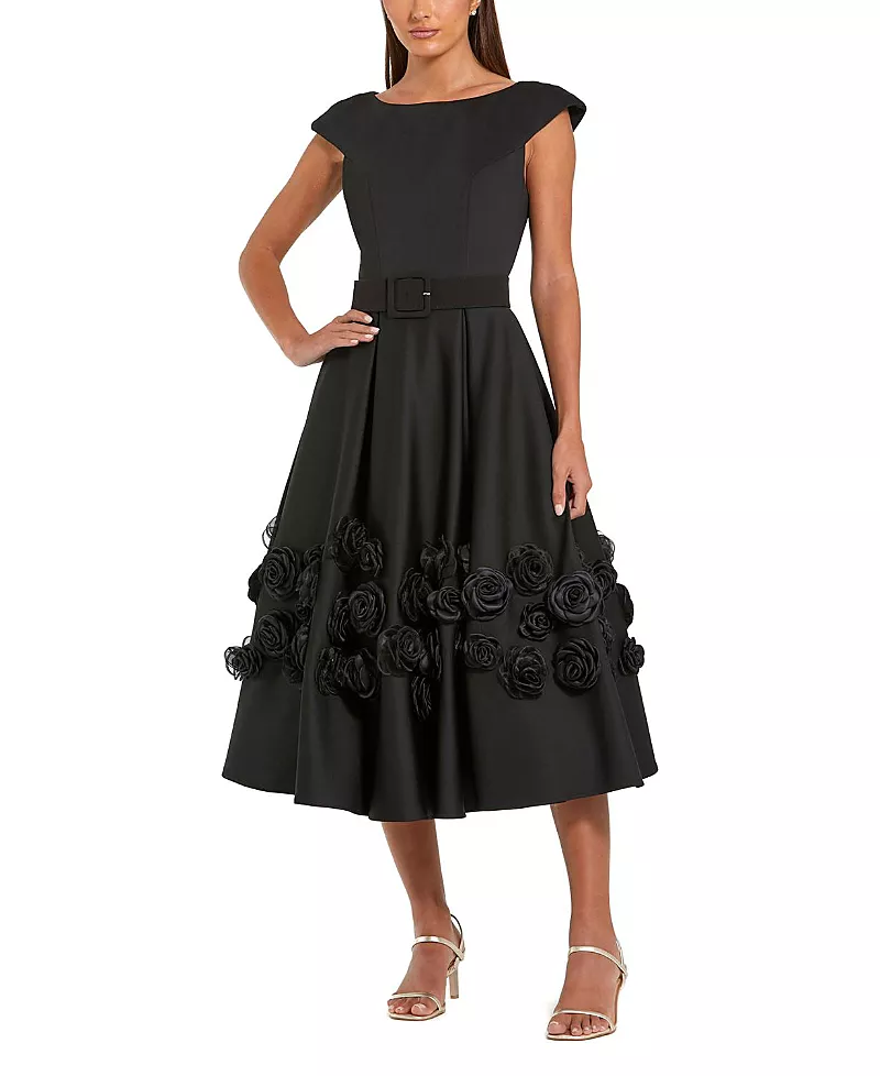 Mac Duggal Satin Cap Sleeve A Line Midi Dress With 3D Flowers