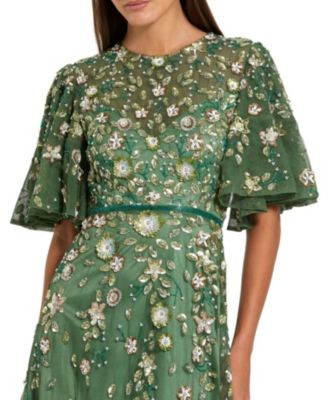 Floral Embellished Flutter Sleeve Midi Dress