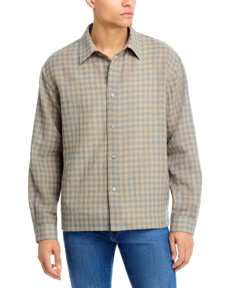 Frame Light Wool Plaid Button Down Shirt in Beige/Blue