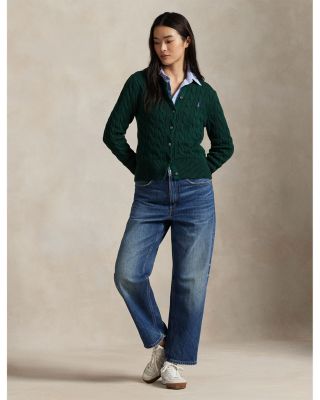 Cable Knit Cotton Crewneck Cardigan Sweater