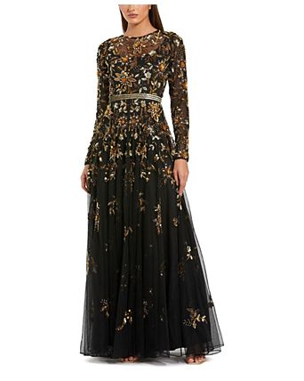 black mother of the bride dresses long sleeve Cicinia Dress With Sleeves Stretch Fabric Sheath Beaded Floor Length this floor AW.Bridal Mermaid Bateau Neckline Floor