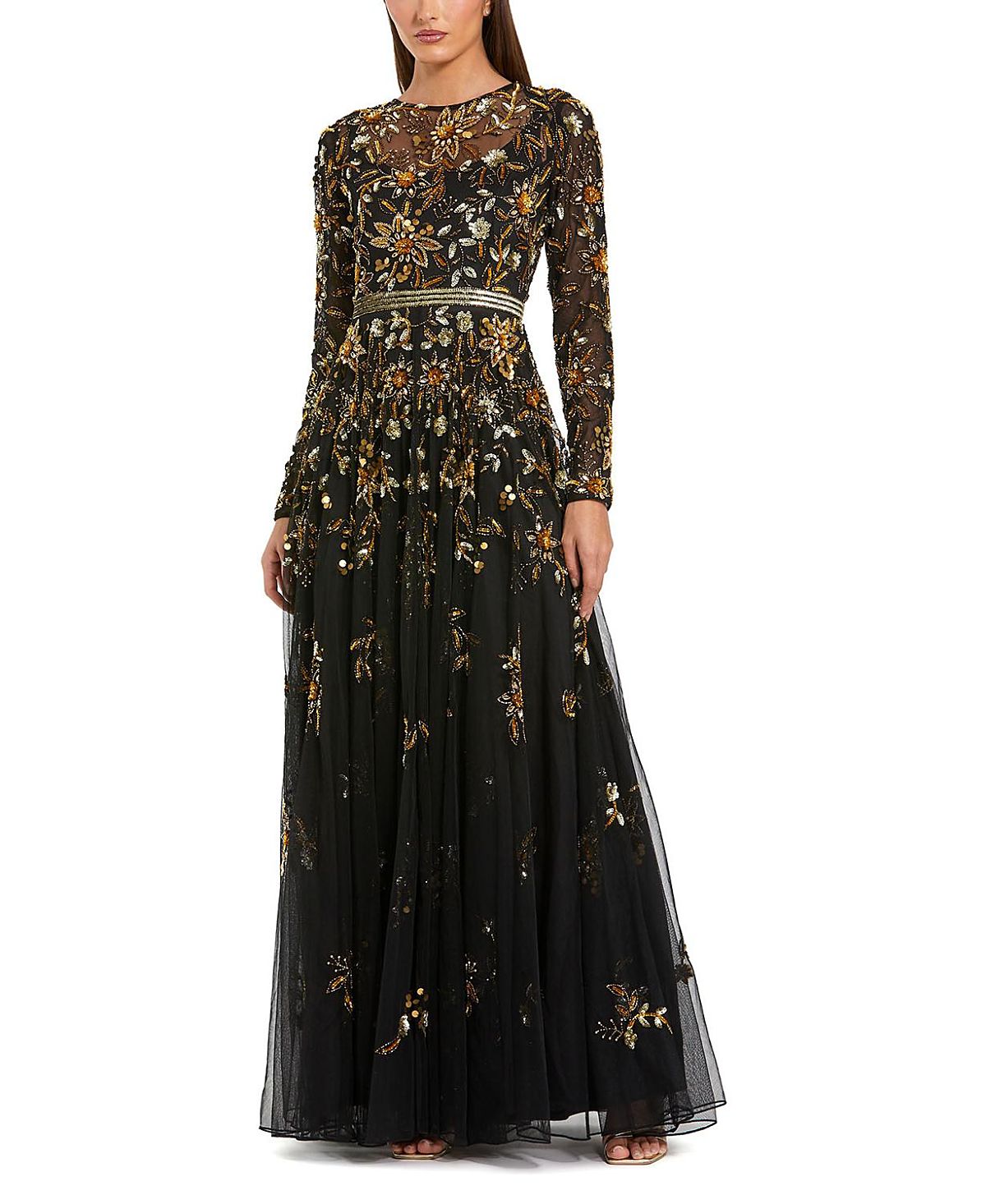 Mac Duggal Hand Beaded Mesh Long Sleeve High Neck A Line Gown