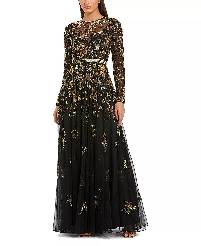 Mac Duggal Hand Beaded Mesh Long Sleeve High Neck A Line Gown