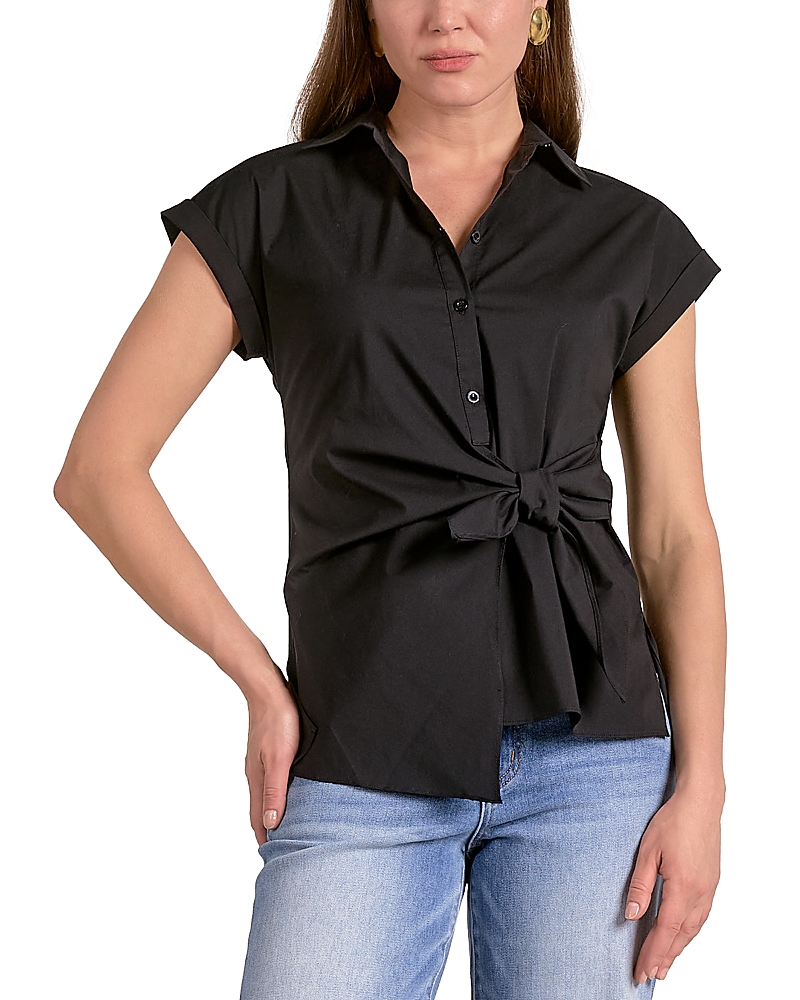 Elan Button Down Tie Waist Shirt In Black