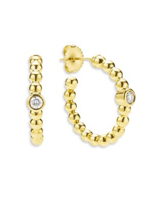 18K Yellow Gold Caviar Gold Diamond Bezel Beaded Hoop Earrings