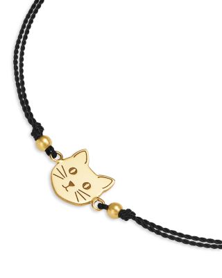 14K Yellow Gold Midi Bitty Symbols Kitty Cat Black Cord Slider Bracelet