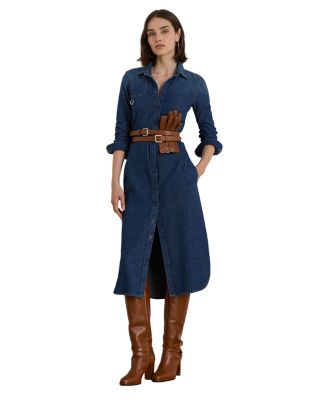 Horsebit Trim Belted Denim Shirtdress