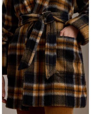 Plaid Wool Blend Shawl Collar Wrap Coat