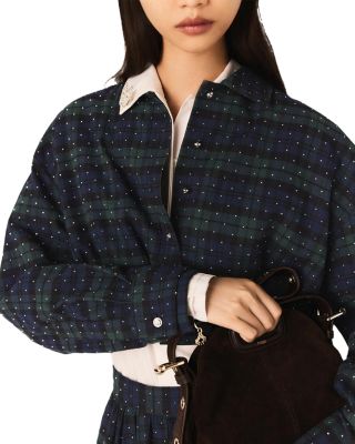 Check Rhinestone Cropped Shirt