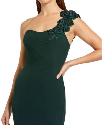 Crepe One Shoulder Beaded Flower Mermaid Gown