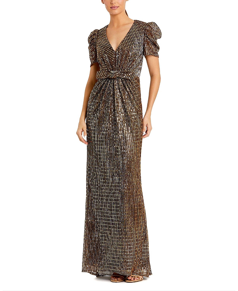 Mac Duggal Bow Waisted Cap Sleeve Metallic Gown In Brown